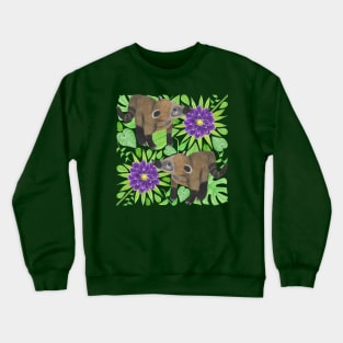 Coatimundi with Palm Leaves Philodendron Gloriosum Leaves and Purple Dahlias Crewneck Sweatshirt